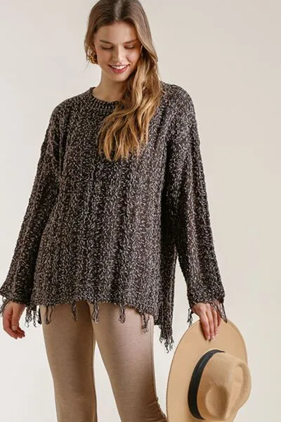 Brown Frayed Hem Cable Knit Round Neck Sweater