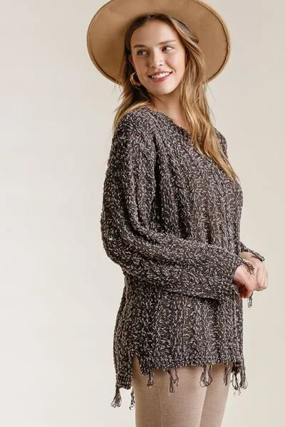 Brown Frayed Hem Cable Knit Round Neck Sweater