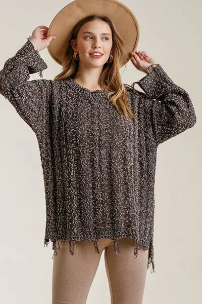 Brown Frayed Hem Cable Knit Round Neck Sweater