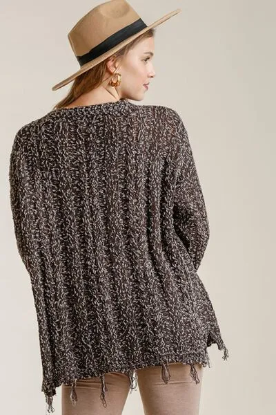 Brown Frayed Hem Cable Knit Round Neck Sweater
