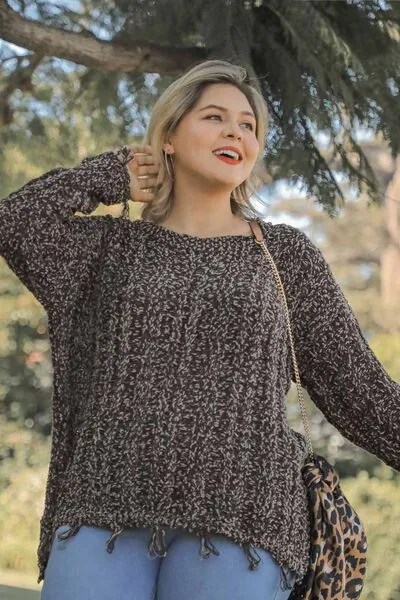Brown Frayed Hem Cable Knit Round Neck Sweater