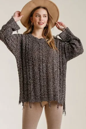 Brown Frayed Hem Cable Knit Round Neck Sweater