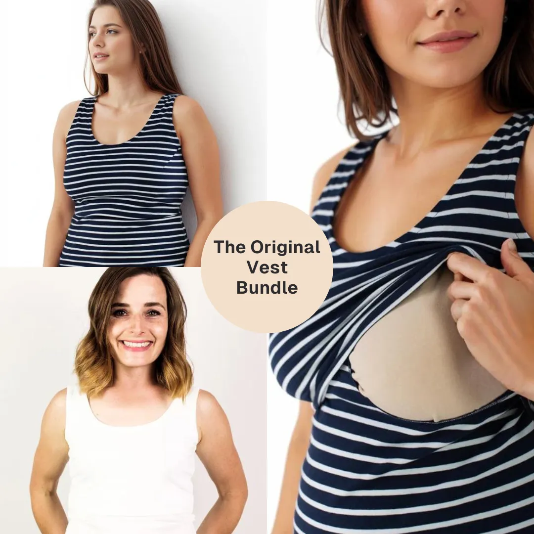 Bshirt Nursing Vest - Twin Pack -White & Navy/White Stripes