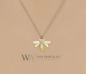 Bumble Bee Diamond 0.03 ctw Pendant Necklace 14k Solid Gold, 14k Rose Gold, 14k White Gold Christmas 12.2mm x 8.4mm Honey Bee Diamond charm