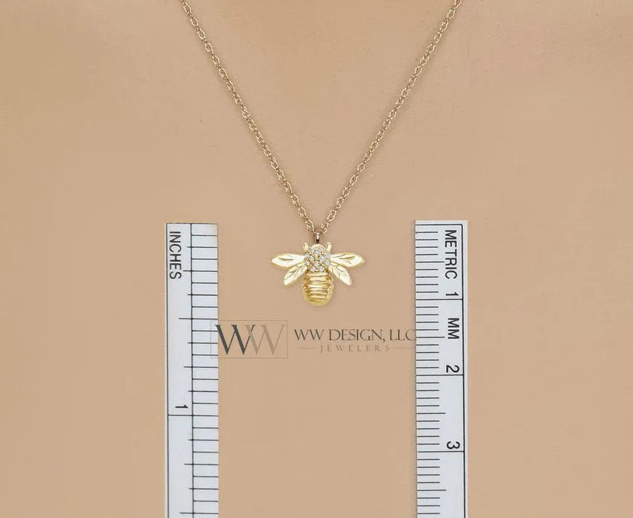Bumble Bee Diamond 0.03 ctw Pendant Necklace 14k Solid Gold, 14k Rose Gold, 14k White Gold Christmas 12.2mm x 8.4mm Honey Bee Diamond charm
