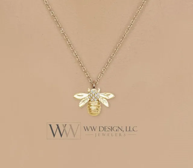 Bumble Bee Diamond 0.03 ctw Pendant Necklace 14k Solid Gold, 14k Rose Gold, 14k White Gold Christmas 12.2mm x 8.4mm Honey Bee Diamond charm
