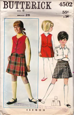 Butterick 4502 Girls Weskit & Pleated Skirt 1960s Vintage Sewing Pattern Size 8