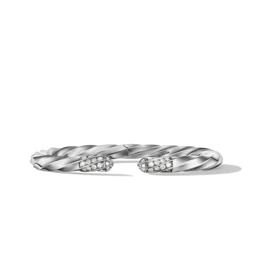 Cable Edge Bracelet in Recycled Sterling Silver with Pavé Diamonds, Size Medium