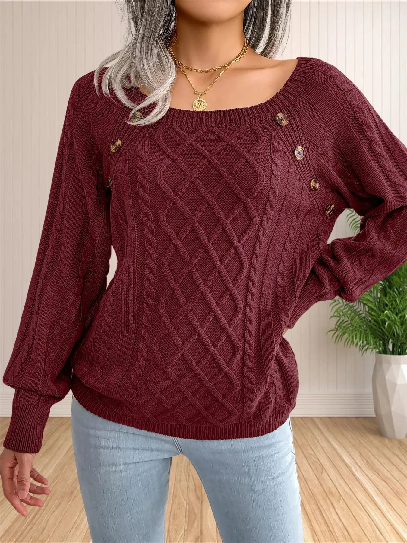 Cable Knit Button Detail Sweater