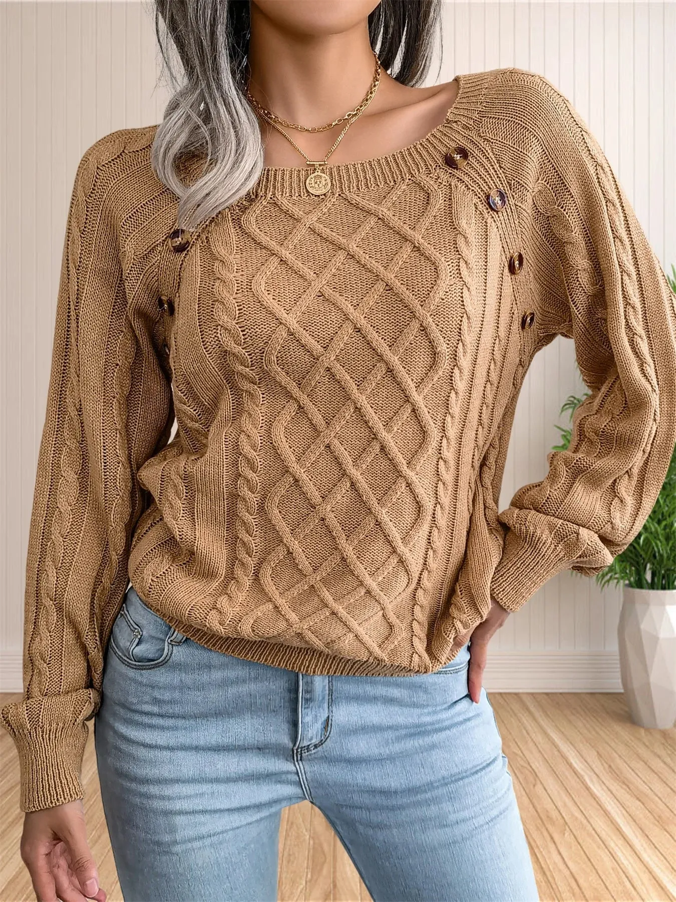Cable Knit Button Detail Sweater