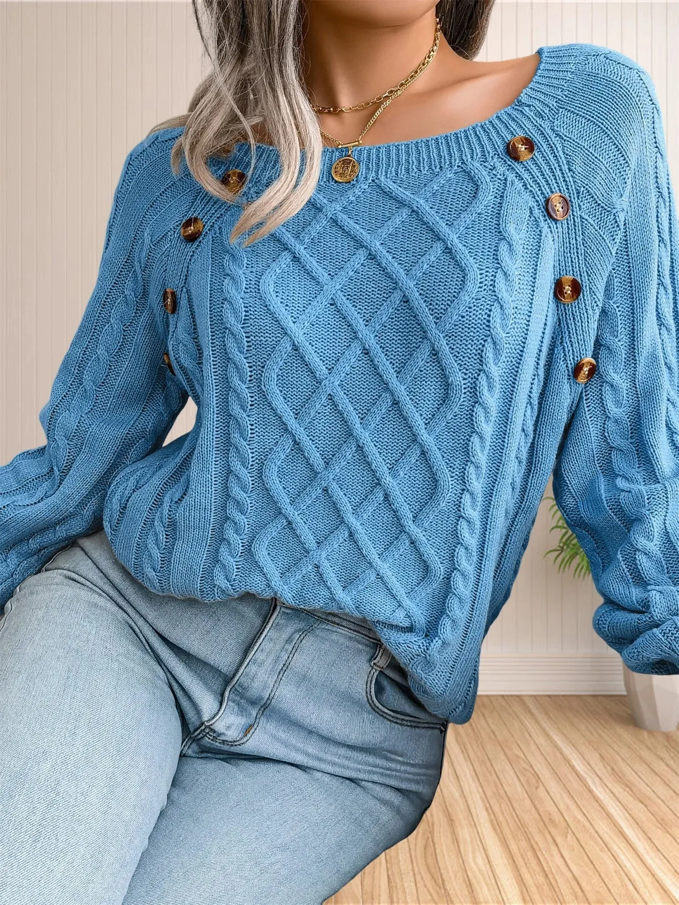 Cable Knit Button Detail Sweater