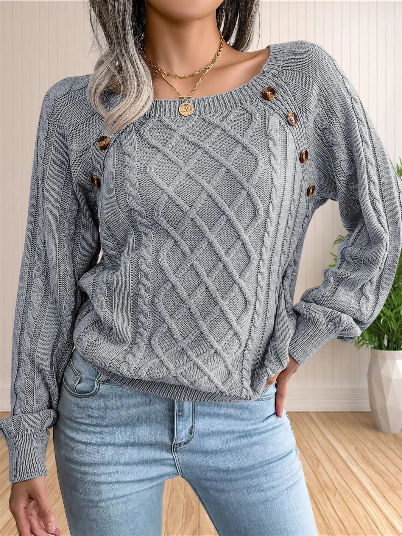 Cable Knit Button Detail Sweater