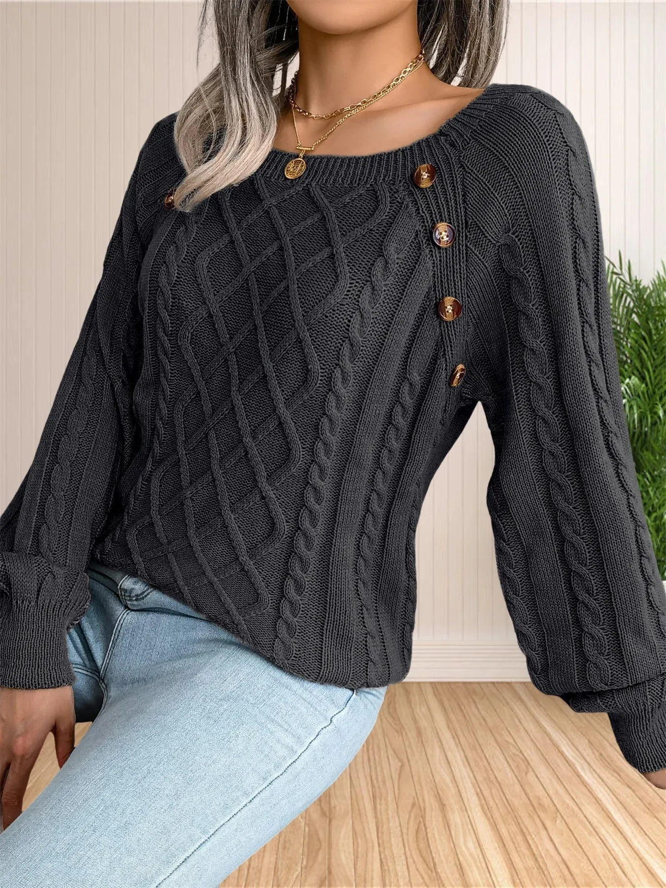 Cable Knit Button Detail Sweater