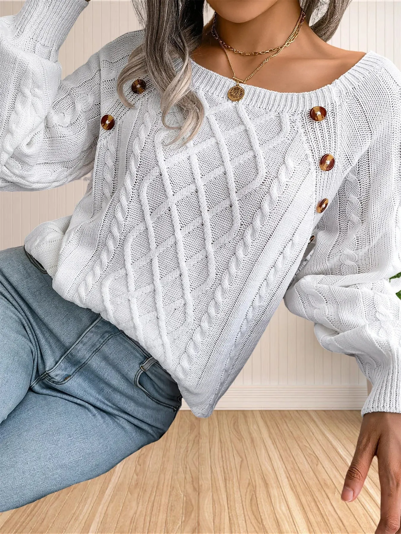 Cable Knit Button Detail Sweater