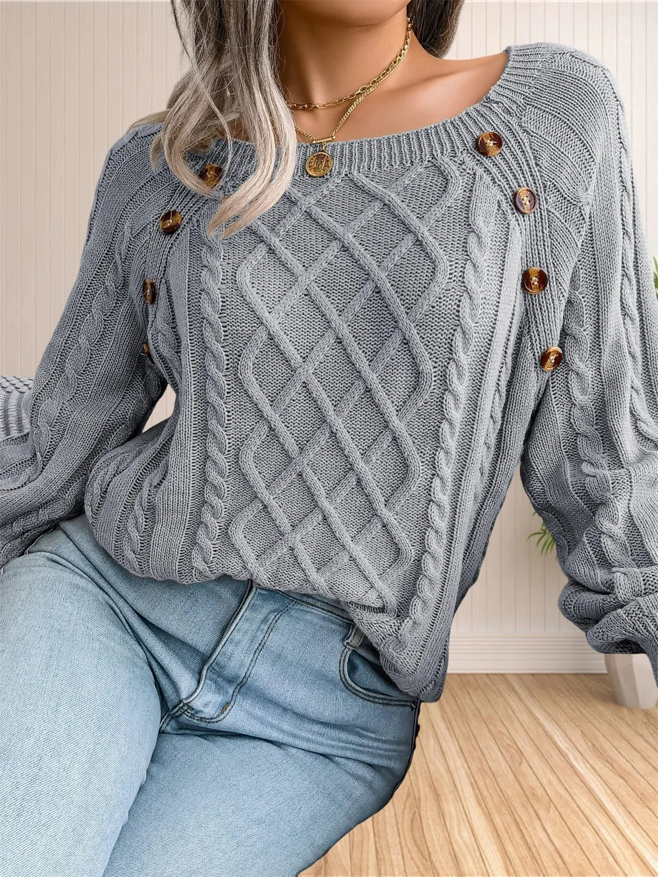 Cable Knit Button Detail Sweater