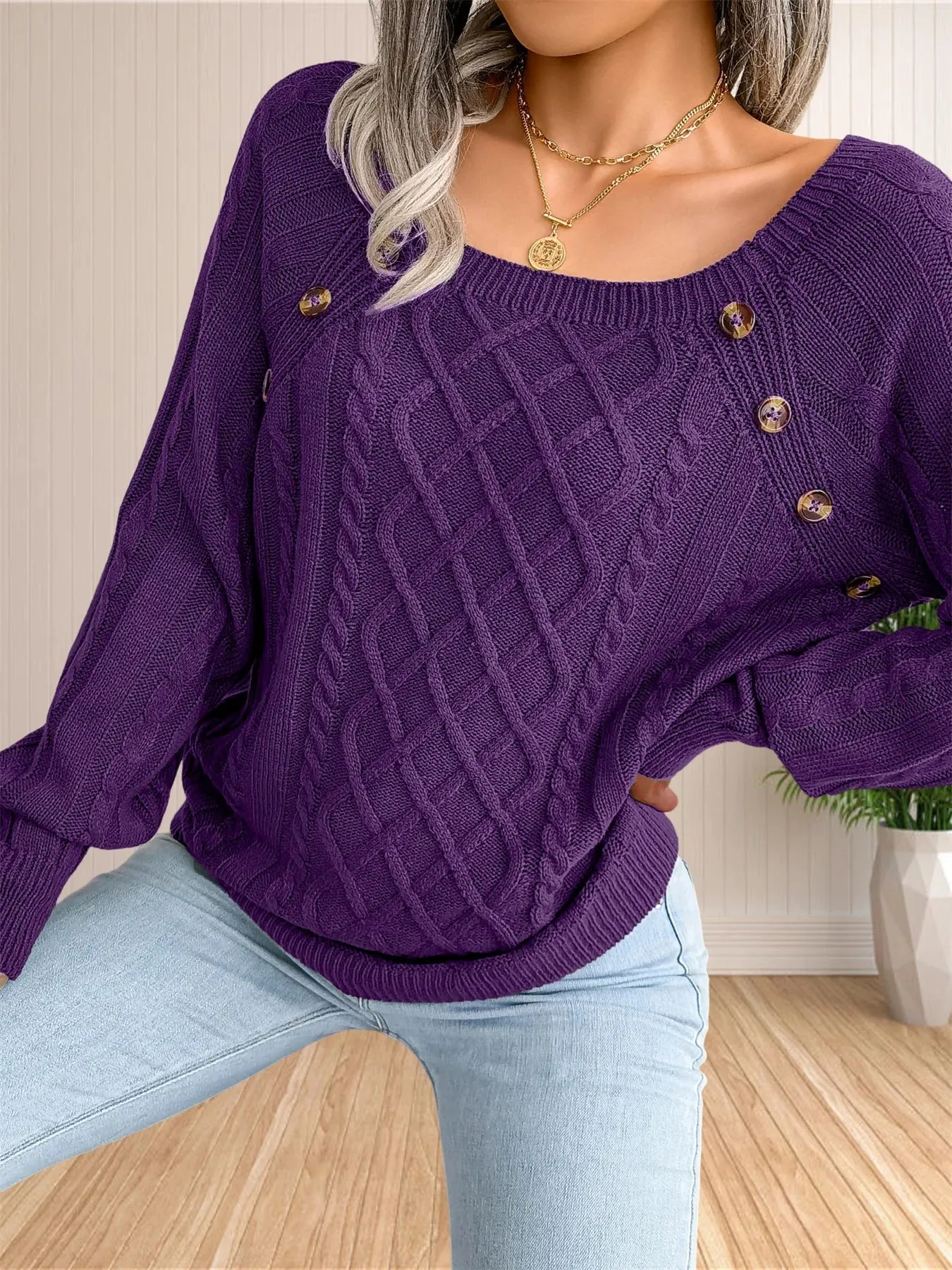 Cable Knit Button Detail Sweater