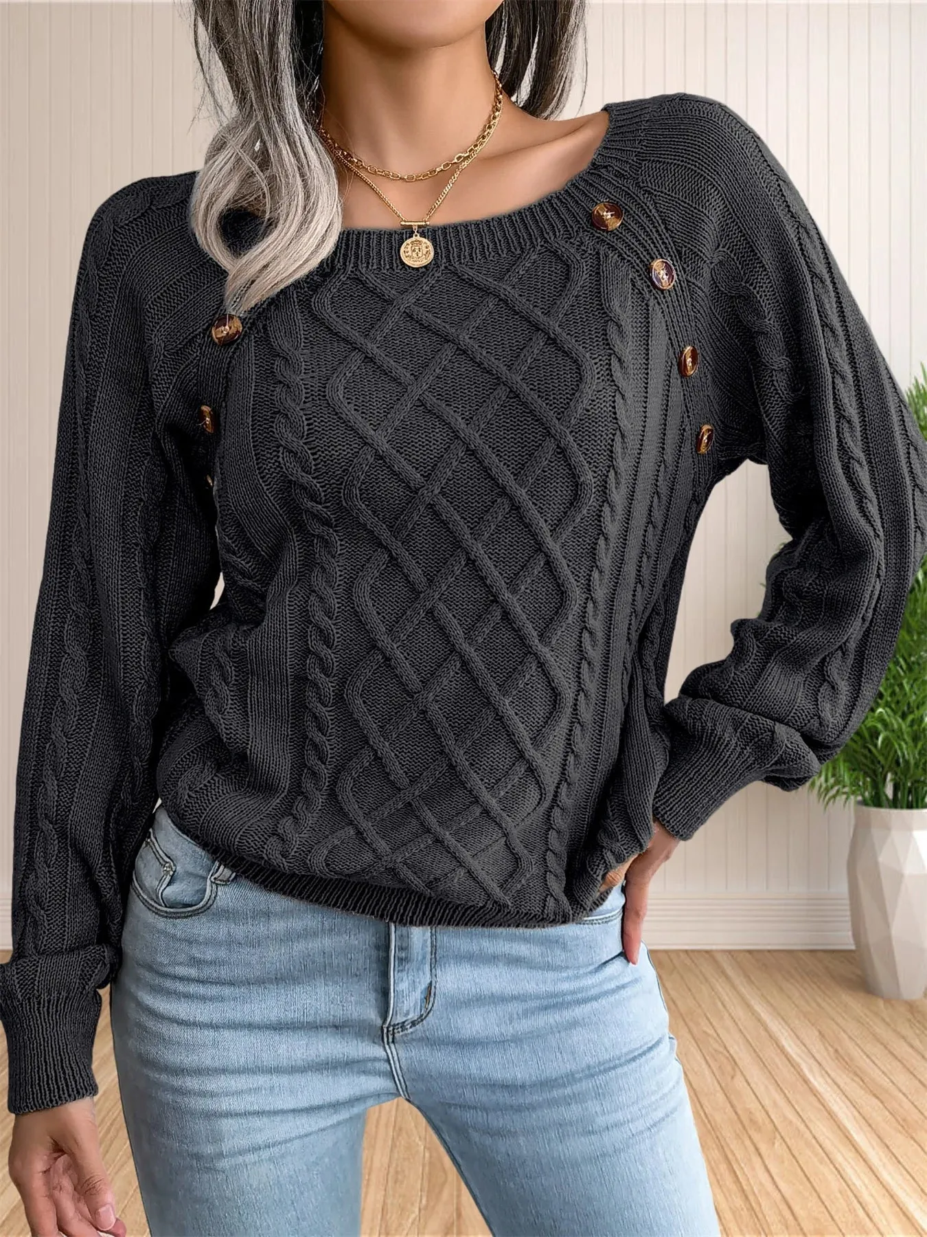 Cable Knit Button Detail Sweater