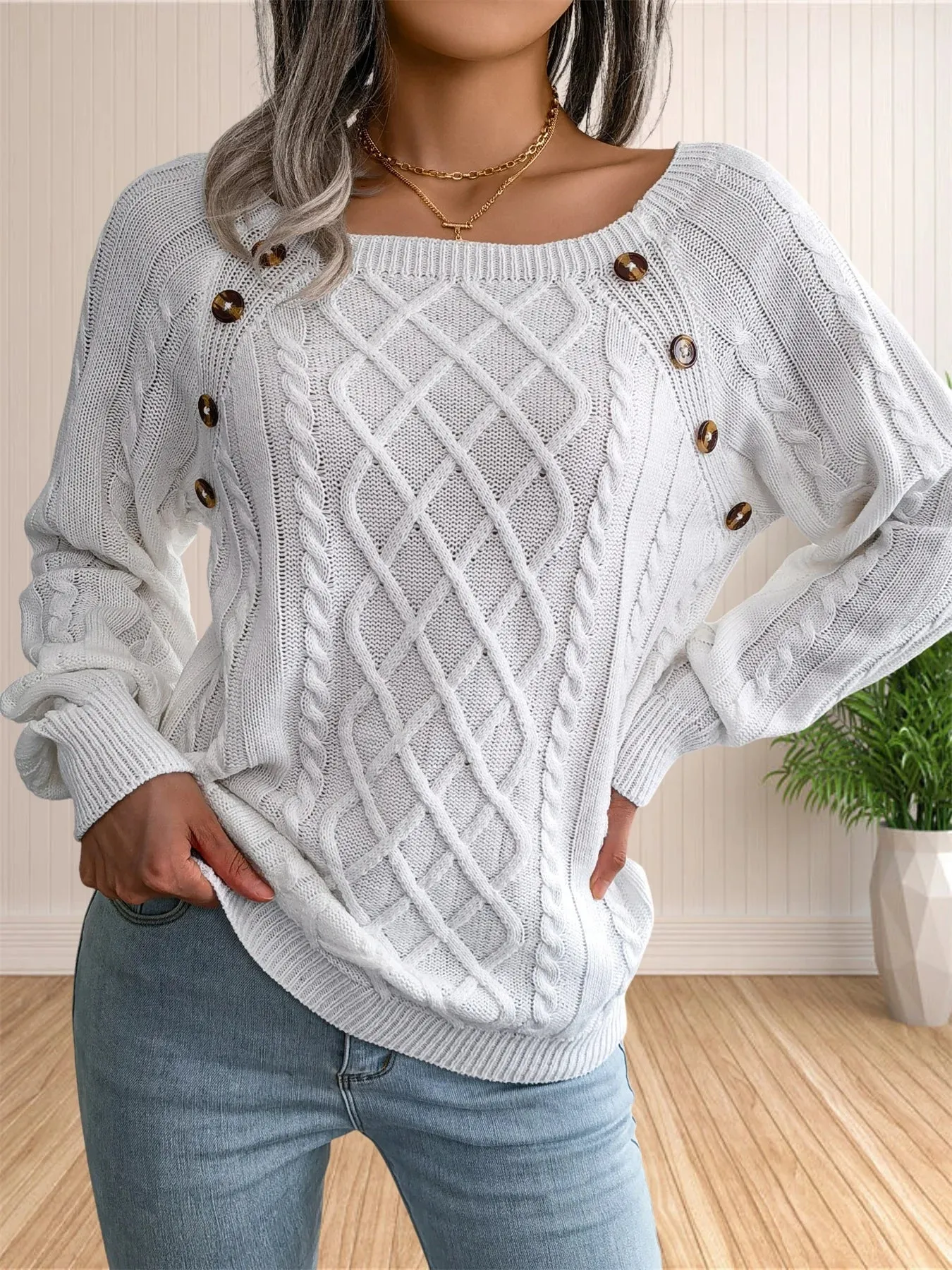Cable Knit Button Detail Sweater