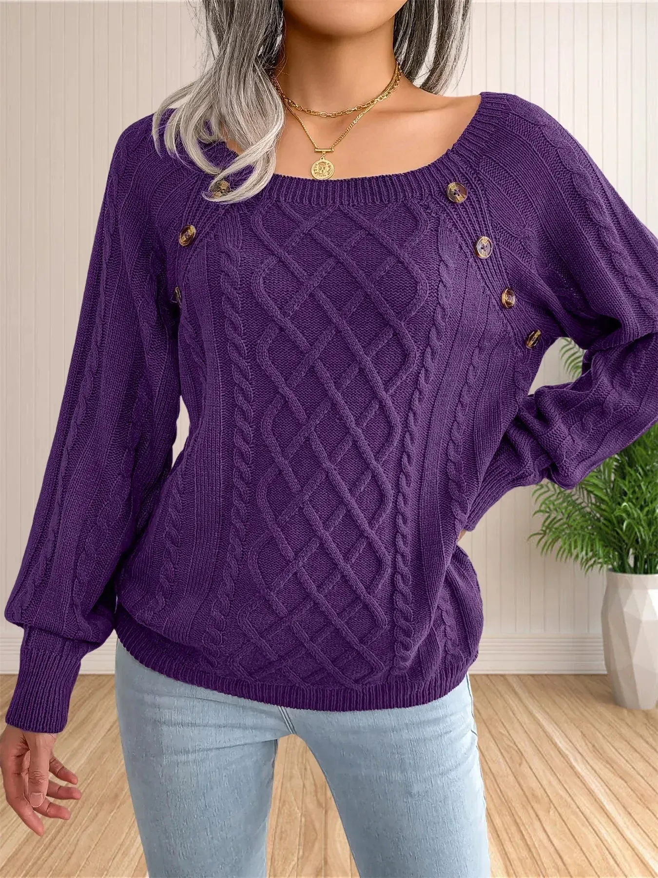 Cable Knit Button Detail Sweater