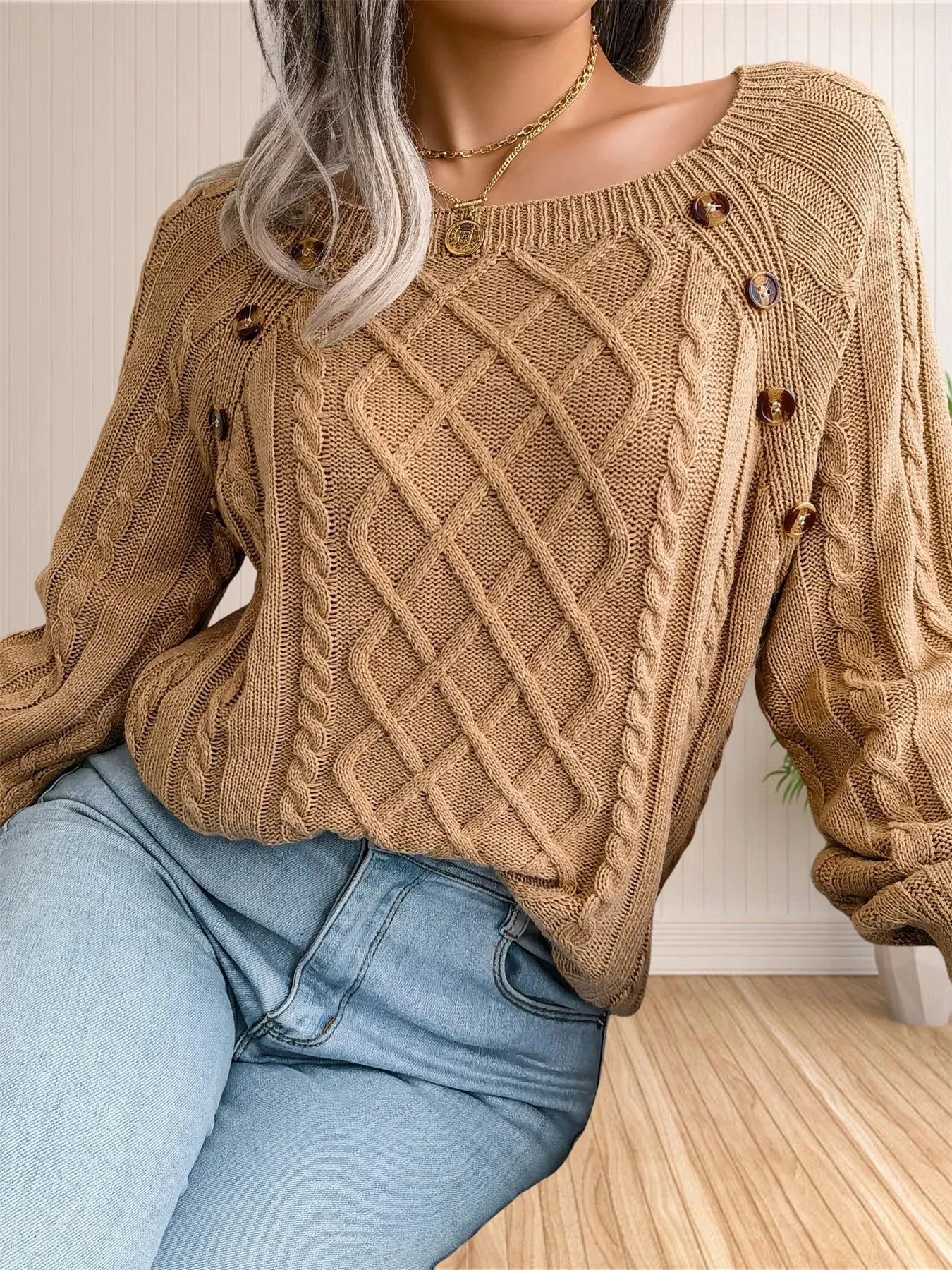 Cable Knit Button Detail Sweater