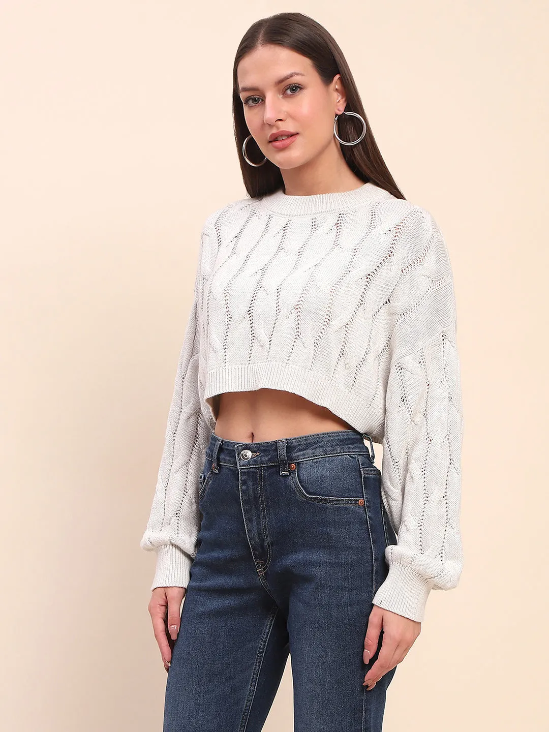 Camla Barcelona Cable Knit Light Grey Cotton Crop Sweater