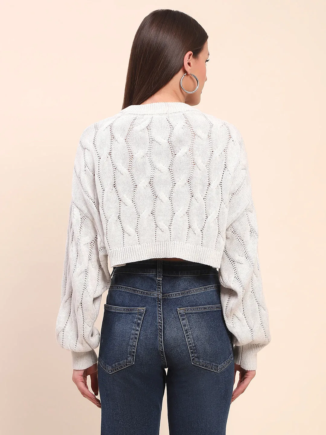 Camla Barcelona Cable Knit Light Grey Cotton Crop Sweater