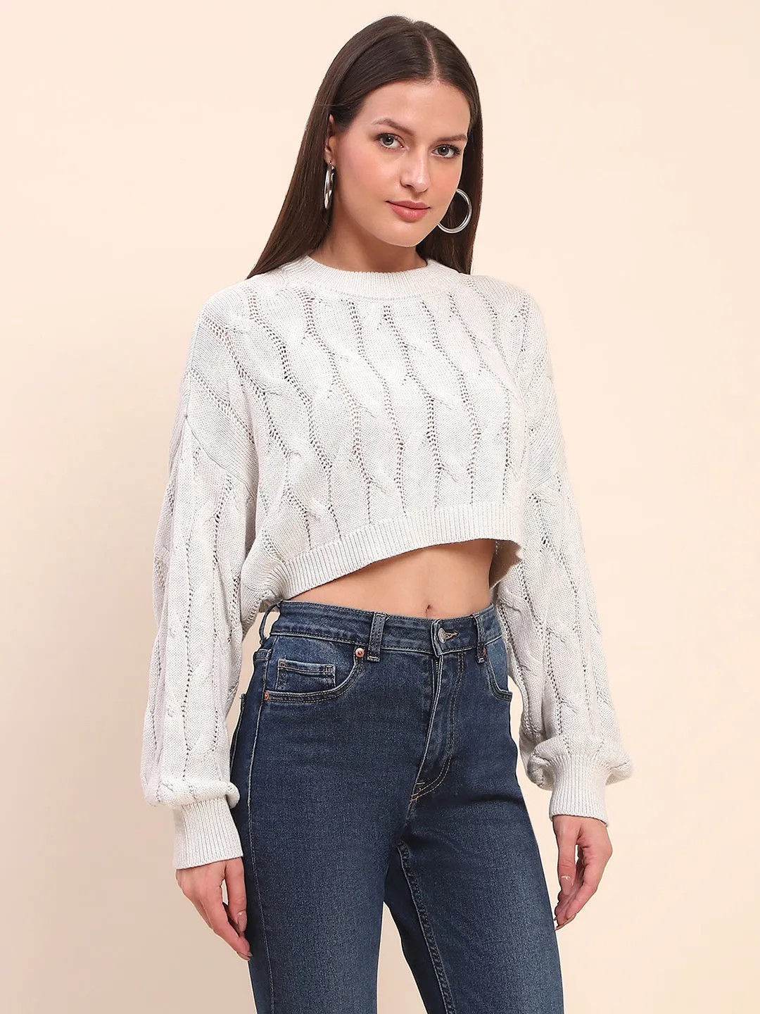 Camla Barcelona Cable Knit Light Grey Cotton Crop Sweater