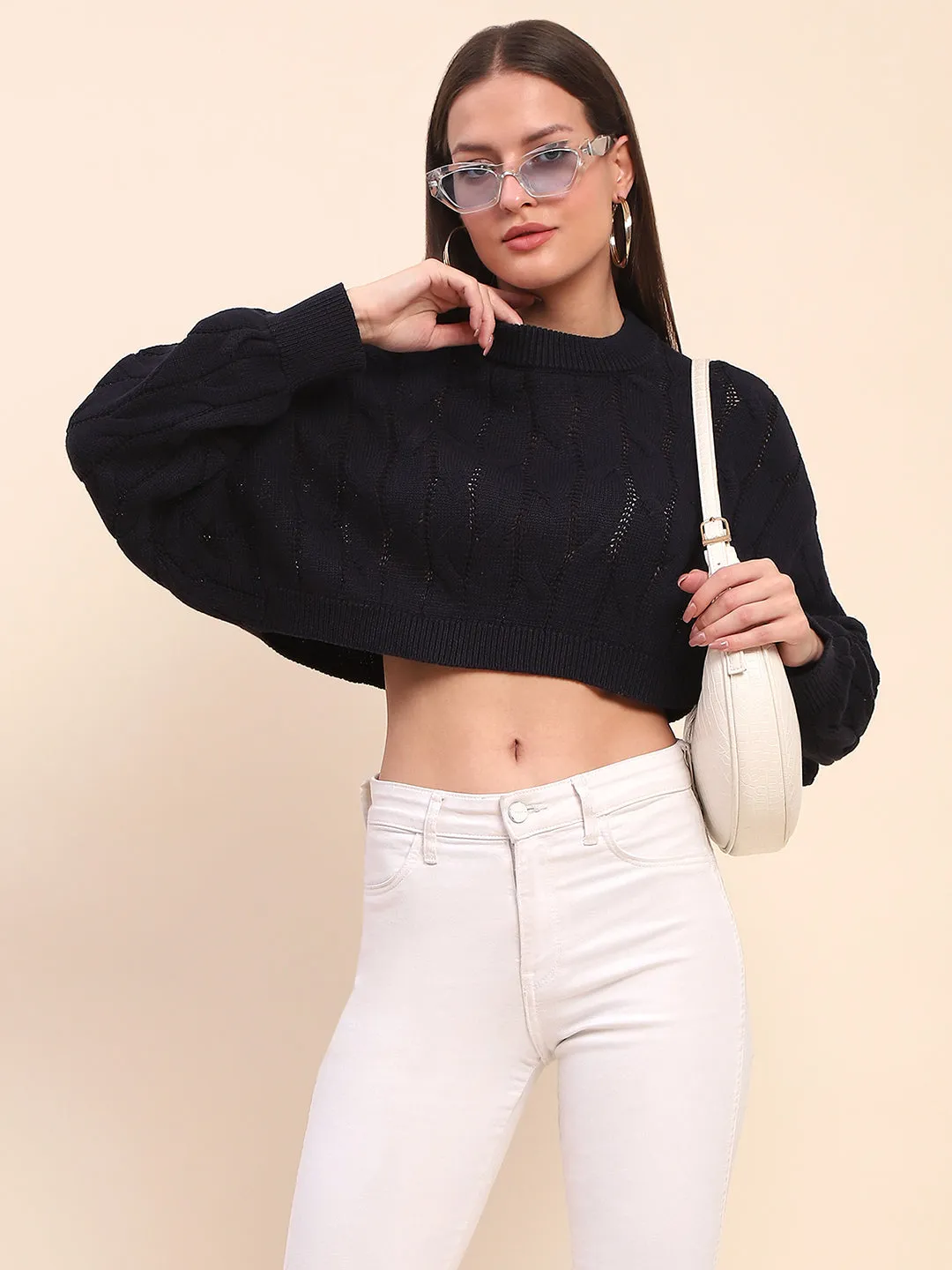 Camla Barcelona Cotton Cable Knit Navy Blue Crop Sweater
