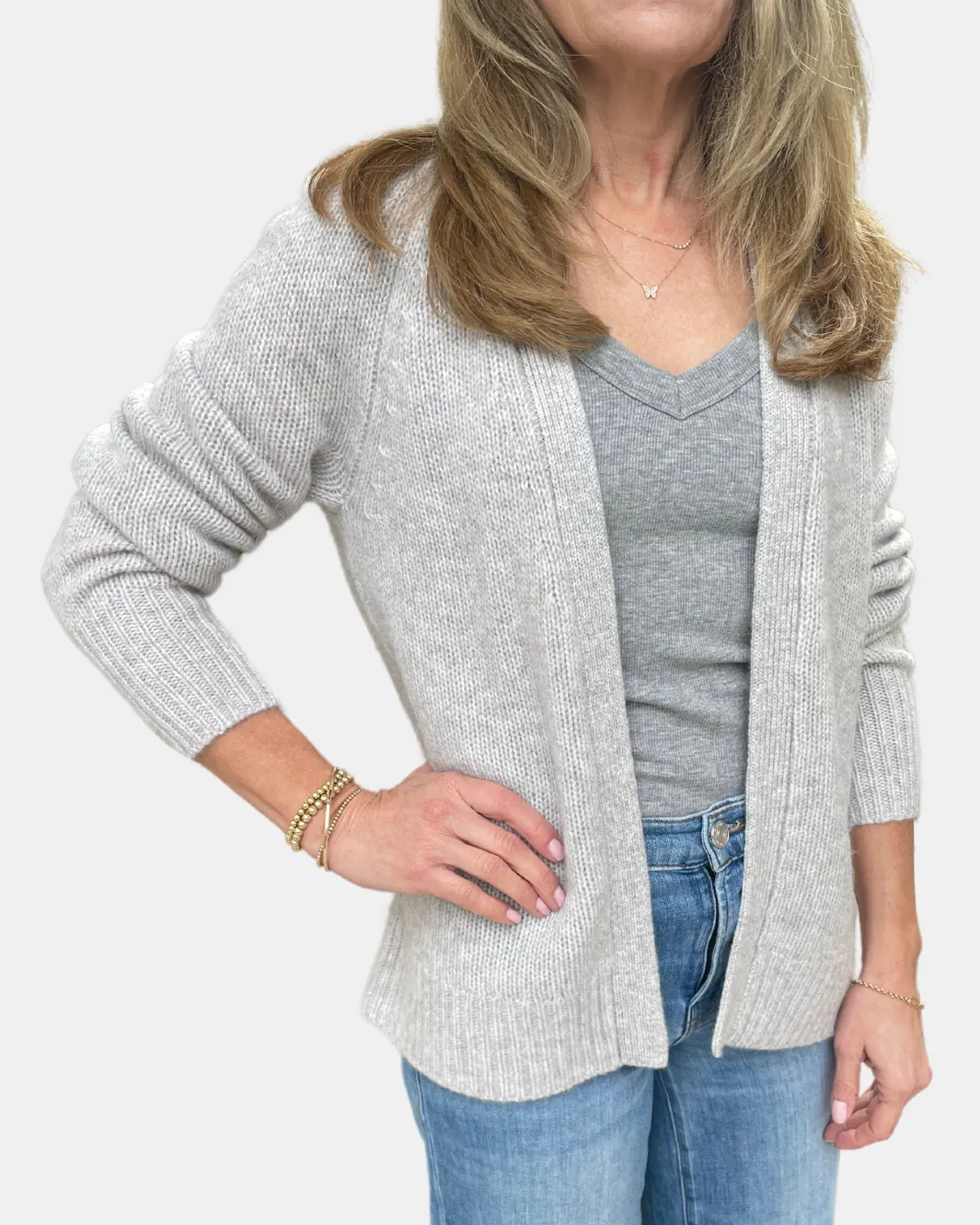 CASHMERE FEATHERWEIGHT OPEN CARDI IN MISTY GREY HEATHER