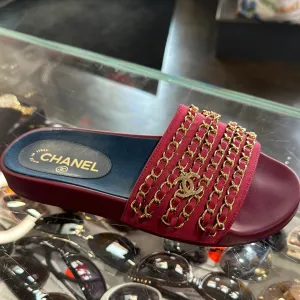 Chanel Burgundy Gold Chain Single Strap Sandal