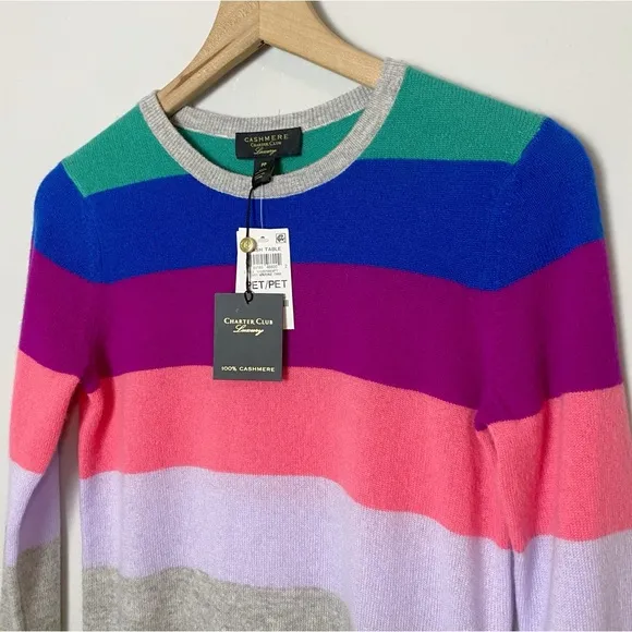 Charter Club Cashmere Marine Rainbow Stripe Crewneck Sweater