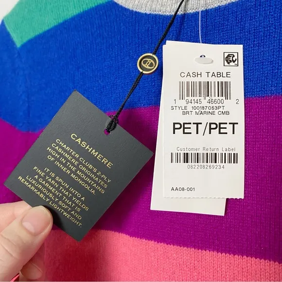 Charter Club Cashmere Marine Rainbow Stripe Crewneck Sweater