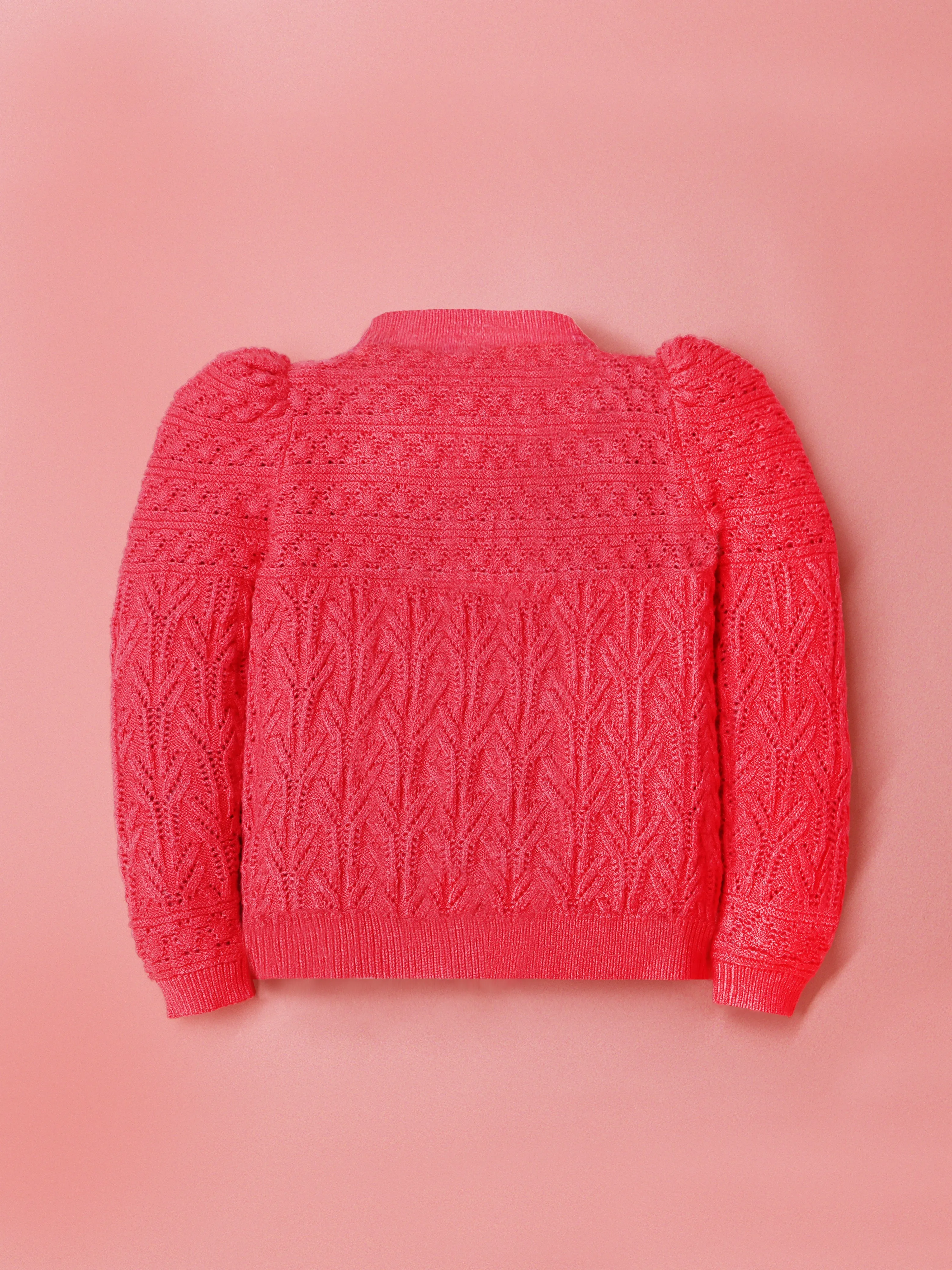 Cherry Crumble Fuchsia Crochet Knitted 100% Viscose Full Sleeves Round Neck Casual Wear Fitted Winter Sweater For Girls