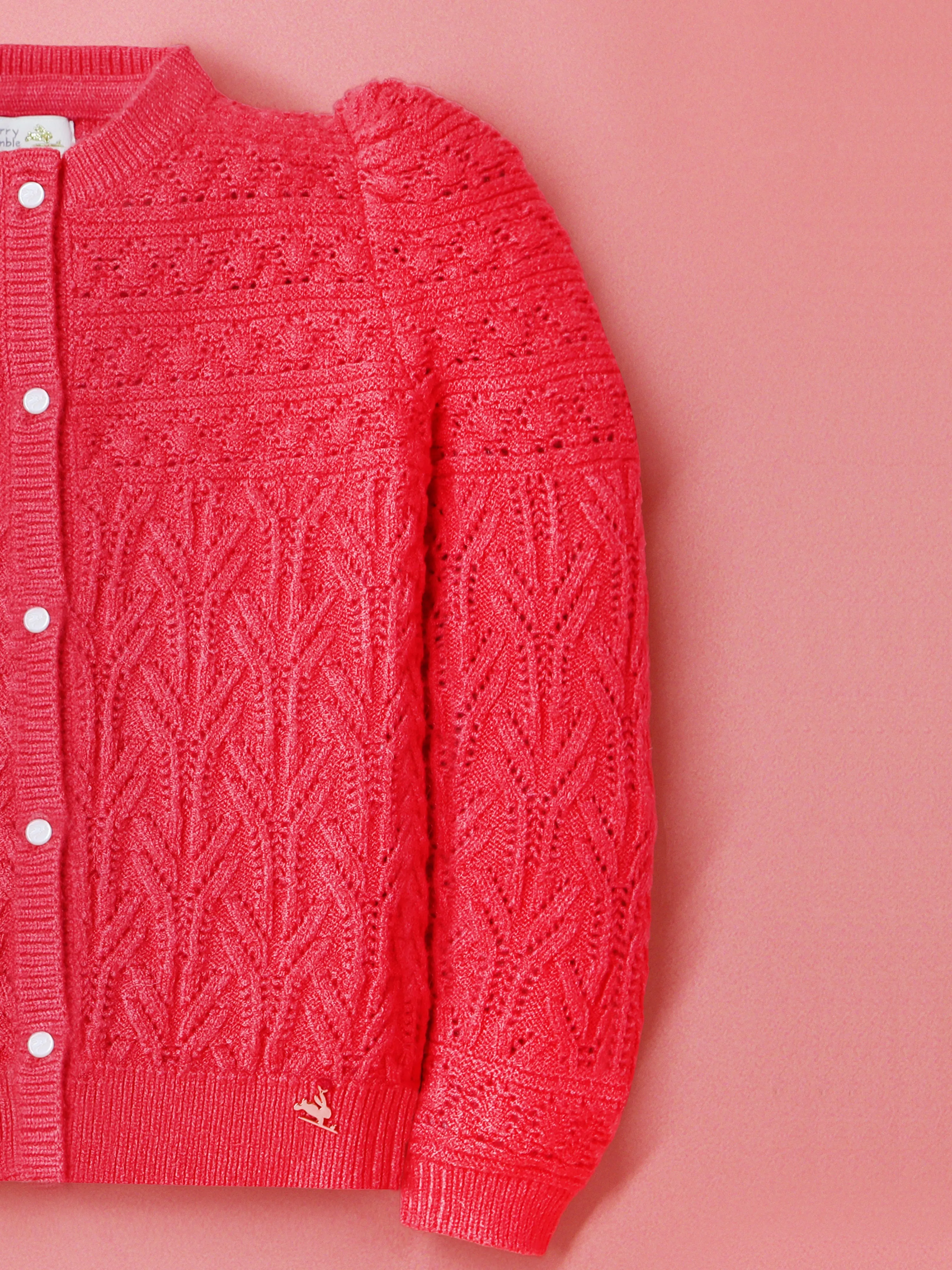 Cherry Crumble Fuchsia Crochet Knitted 100% Viscose Full Sleeves Round Neck Casual Wear Fitted Winter Sweater For Girls