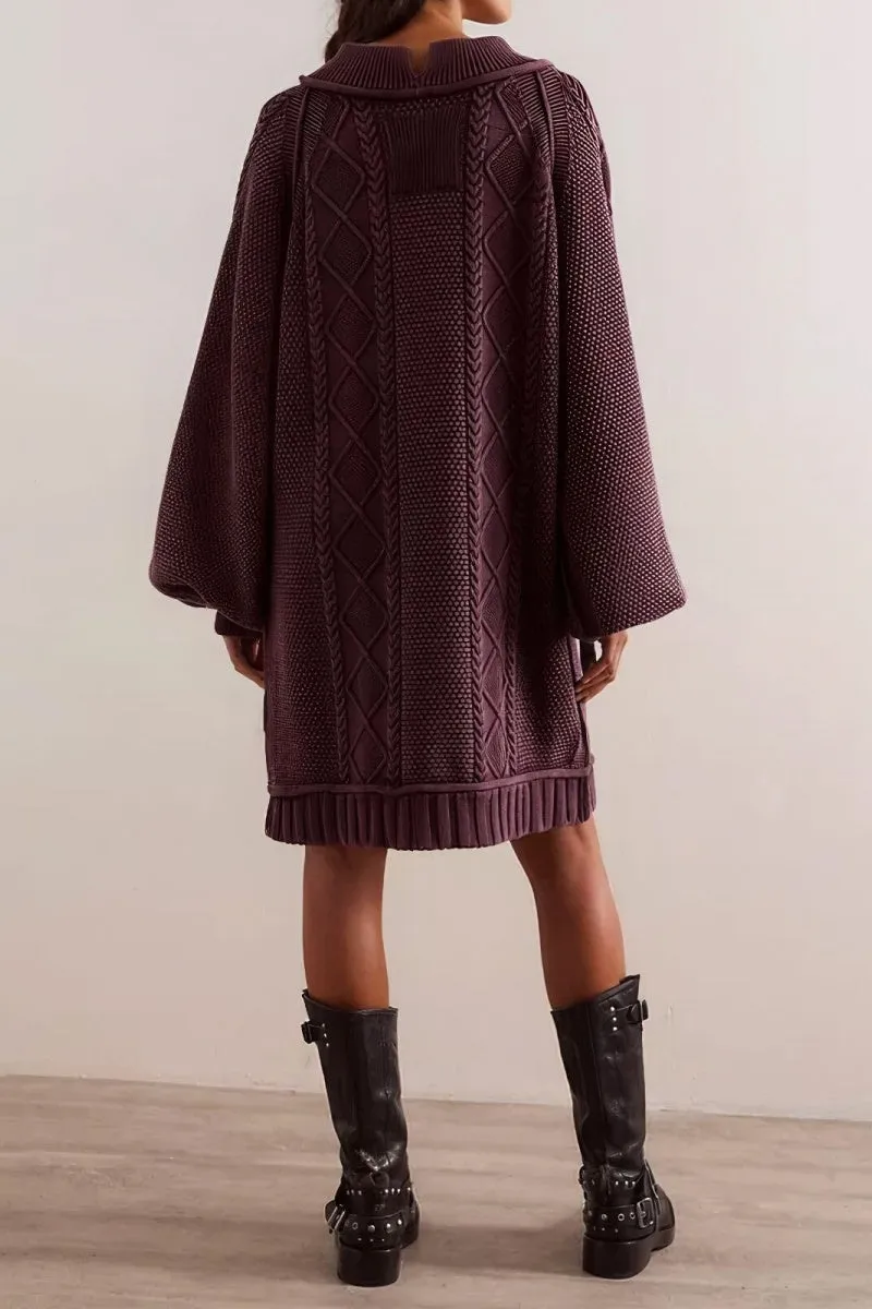 Chouyatou Women's Babydoll Cute Lantern Sleeve Sweater Mini Dress Woven Twisted Baggy Loose Cable Knit Sweater Pullover