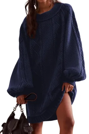 Chouyatou Women's Babydoll Cute Lantern Sleeve Sweater Mini Dress Woven Twisted Baggy Loose Cable Knit Sweater Pullover