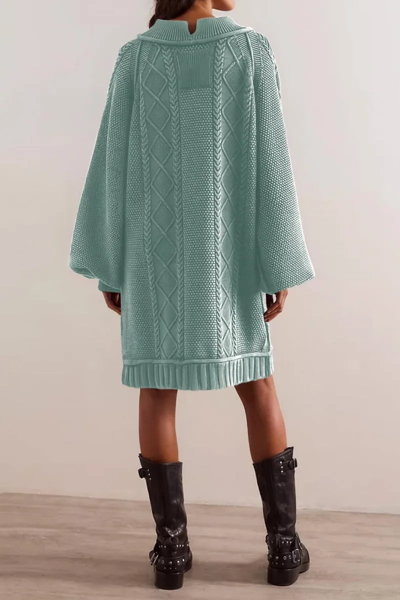 Chouyatou Women's Babydoll Cute Lantern Sleeve Sweater Mini Dress Woven Twisted Baggy Loose Cable Knit Sweater Pullover