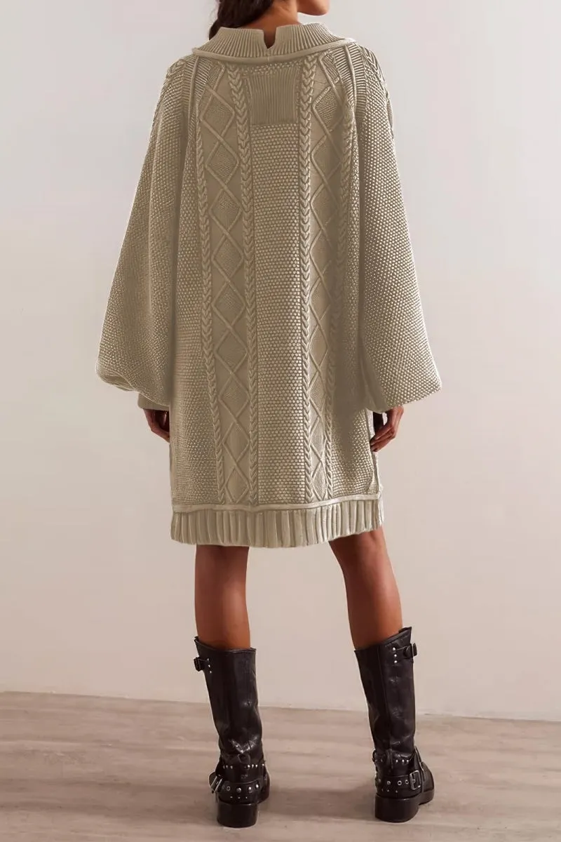Chouyatou Women's Babydoll Cute Lantern Sleeve Sweater Mini Dress Woven Twisted Baggy Loose Cable Knit Sweater Pullover