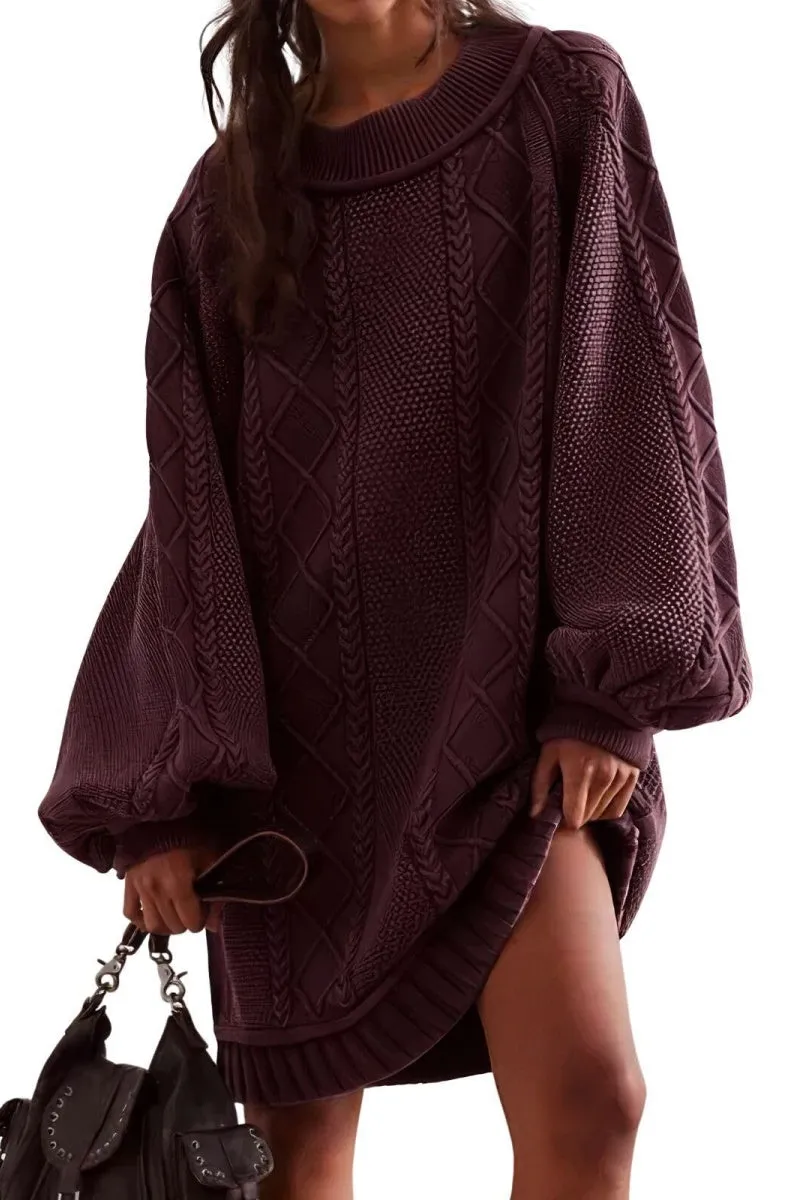 Chouyatou Women's Babydoll Cute Lantern Sleeve Sweater Mini Dress Woven Twisted Baggy Loose Cable Knit Sweater Pullover