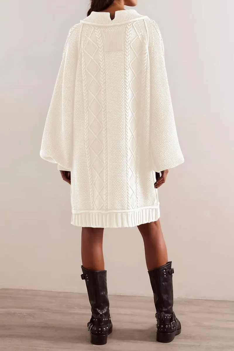 Chouyatou Women's Babydoll Cute Lantern Sleeve Sweater Mini Dress Woven Twisted Baggy Loose Cable Knit Sweater Pullover