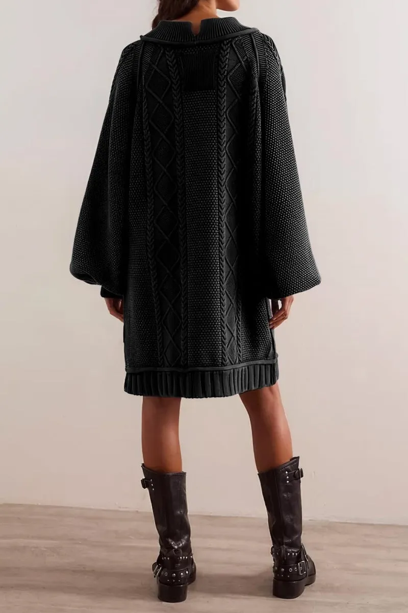 Chouyatou Women's Babydoll Cute Lantern Sleeve Sweater Mini Dress Woven Twisted Baggy Loose Cable Knit Sweater Pullover