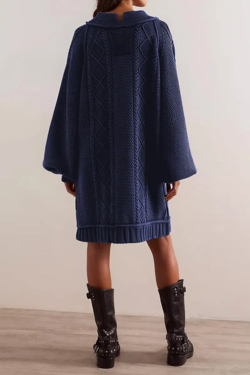 Chouyatou Women's Babydoll Cute Lantern Sleeve Sweater Mini Dress Woven Twisted Baggy Loose Cable Knit Sweater Pullover