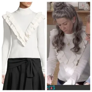 Cinq a Sept / Palomino Ribbed Ruffle mock neck crop ivory cream Fitted Sweater M