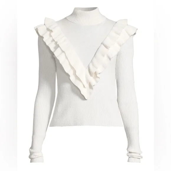 Cinq a Sept / Palomino Ribbed Ruffle mock neck crop ivory cream Fitted Sweater M