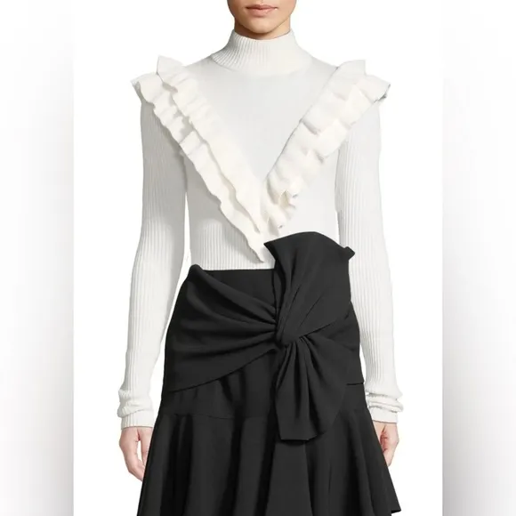 Cinq a Sept / Palomino Ribbed Ruffle mock neck crop ivory cream Fitted Sweater M