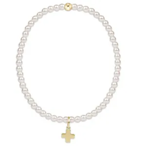 CLASSIC PEARL 3MM BEAD SIGNATURE CROSS GOLD CHARM BRACELET