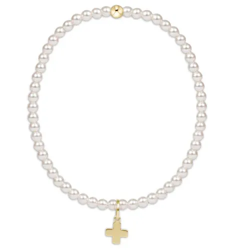 CLASSIC PEARL 3MM BEAD SIGNATURE CROSS GOLD CHARM BRACELET