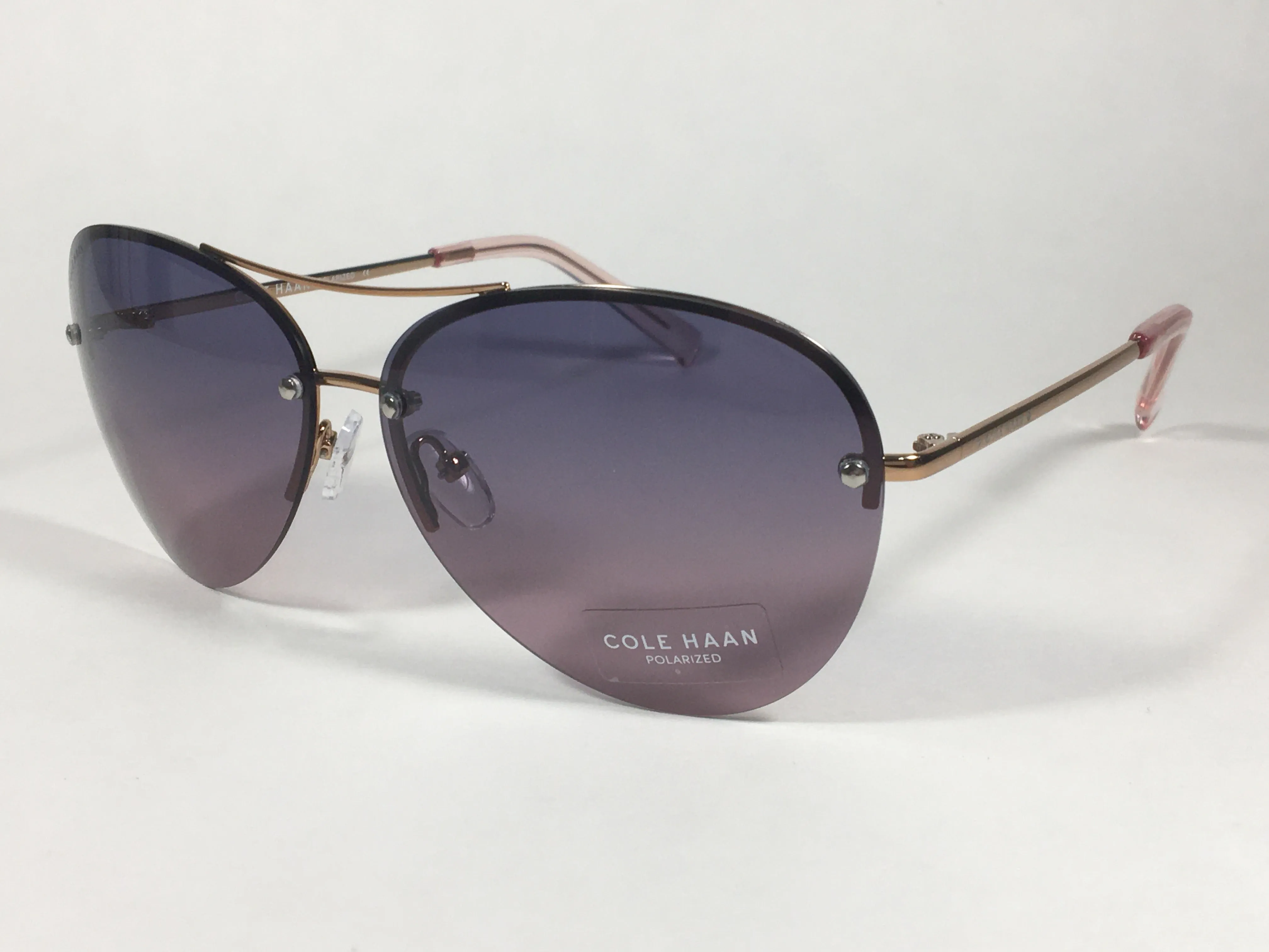 Cole Haan Polarized Rimless Aviator Sunglasses Rose Gold Frame Purple Pink Gradient Lens CH7033 605 ROSE GOLD/PINK