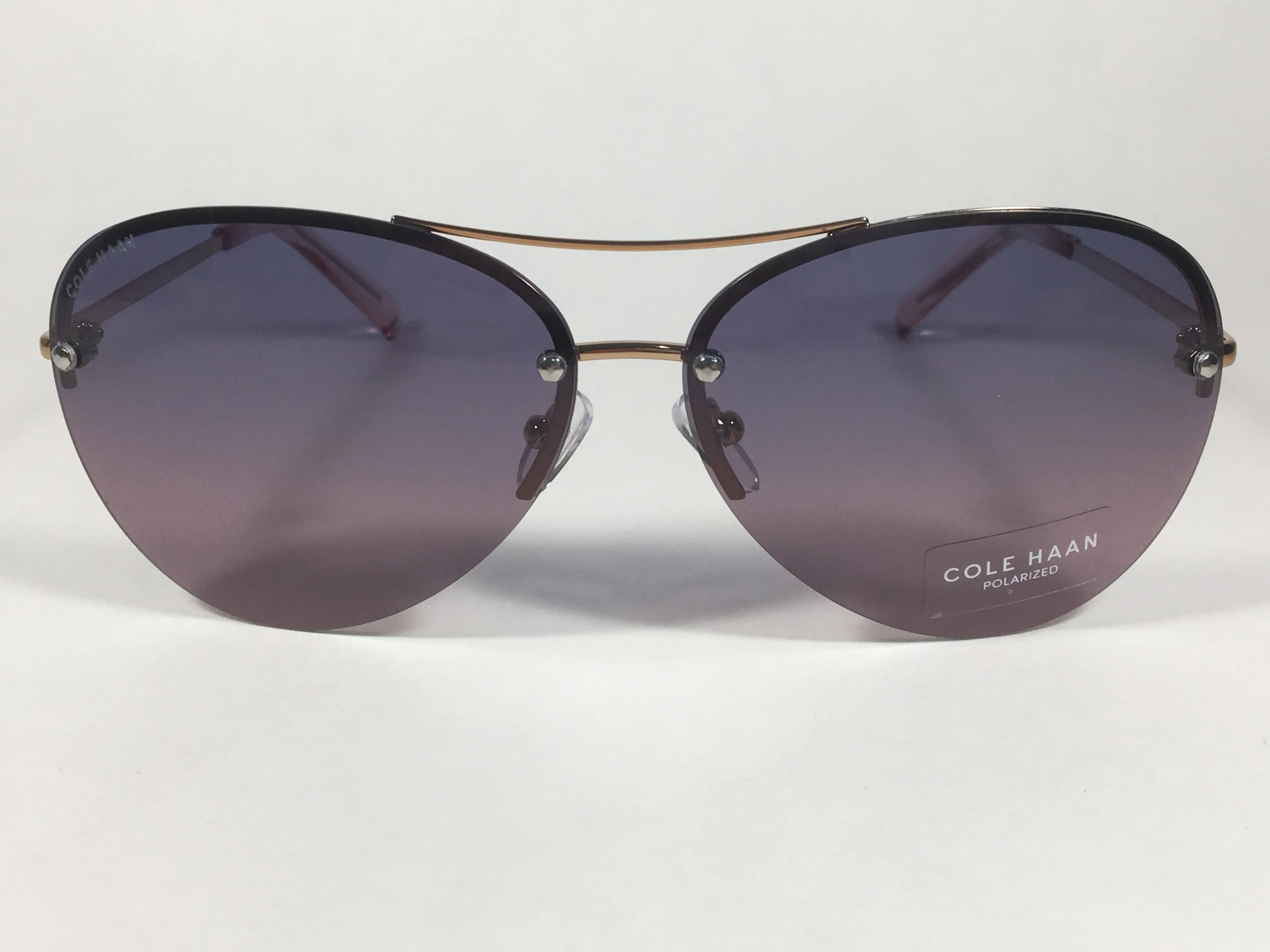 Cole Haan Polarized Rimless Aviator Sunglasses Rose Gold Frame Purple Pink Gradient Lens CH7033 605 ROSE GOLD/PINK
