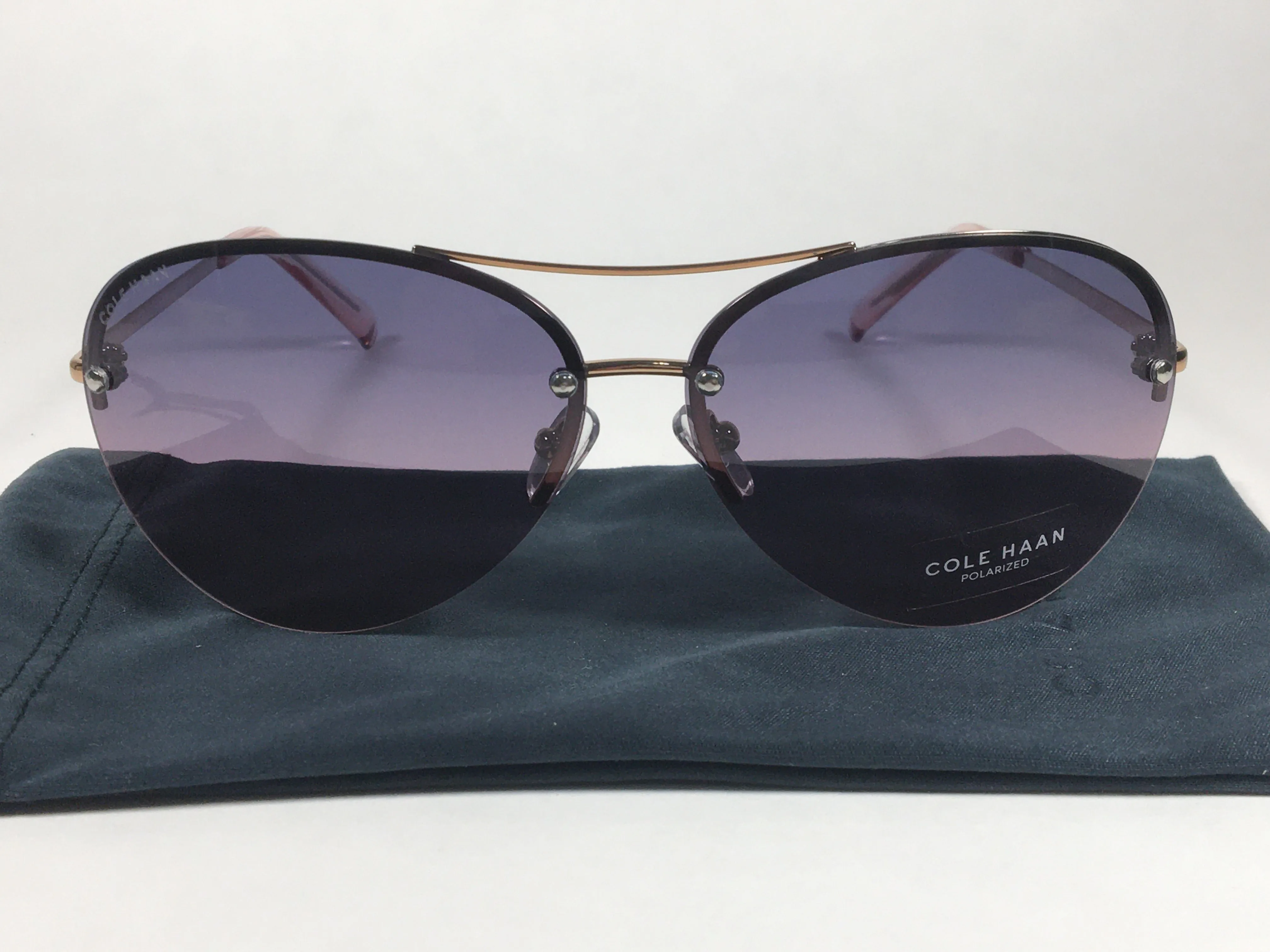 Cole Haan Polarized Rimless Aviator Sunglasses Rose Gold Frame Purple Pink Gradient Lens CH7033 605 ROSE GOLD/PINK